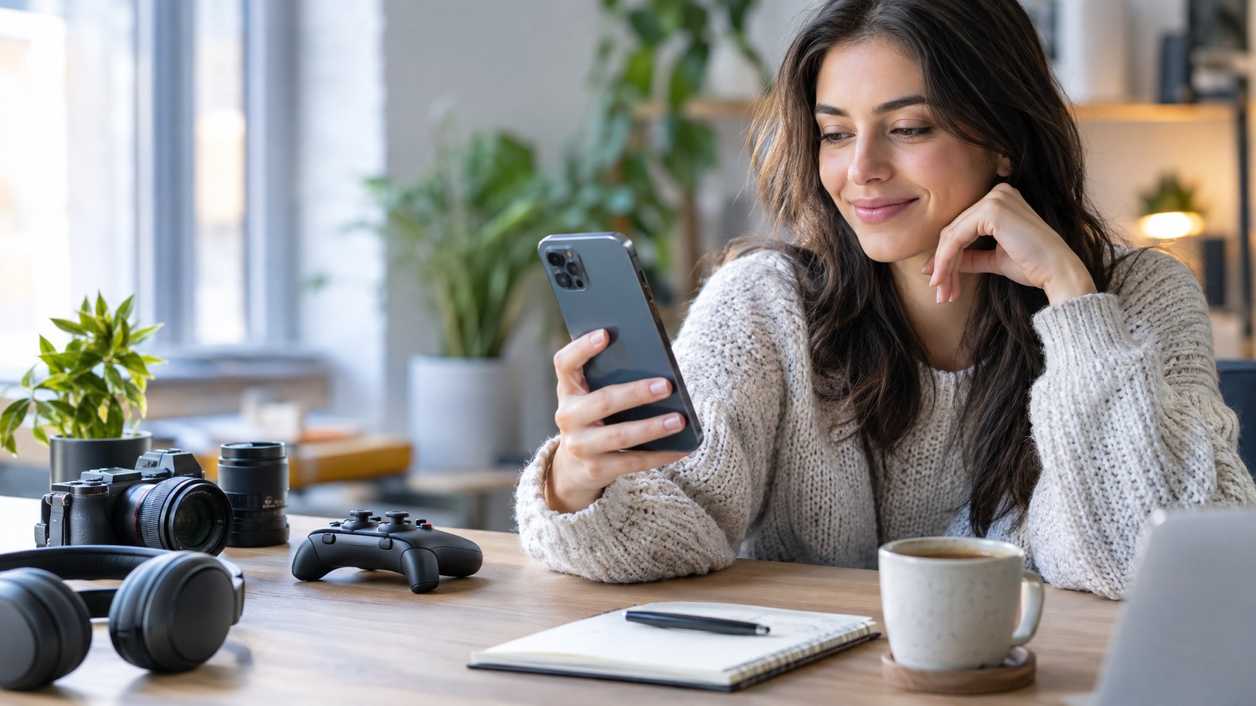 Seseorang menggunakan ponsel di meja kerja dengan aksesori gaming dan fotografi.