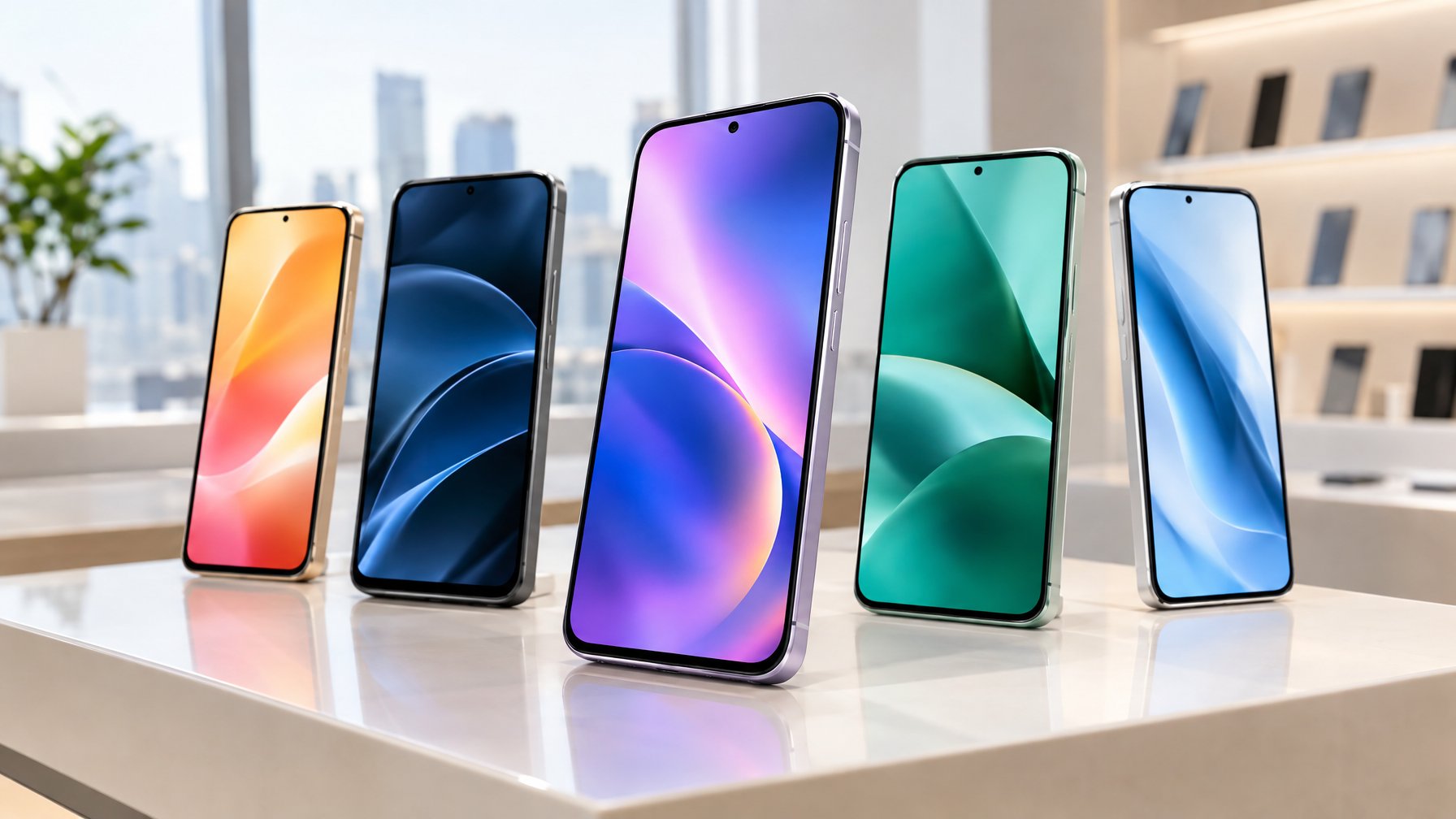 Beberapa smartphone dengan desain dan warna berbeda tersusun di atas meja.