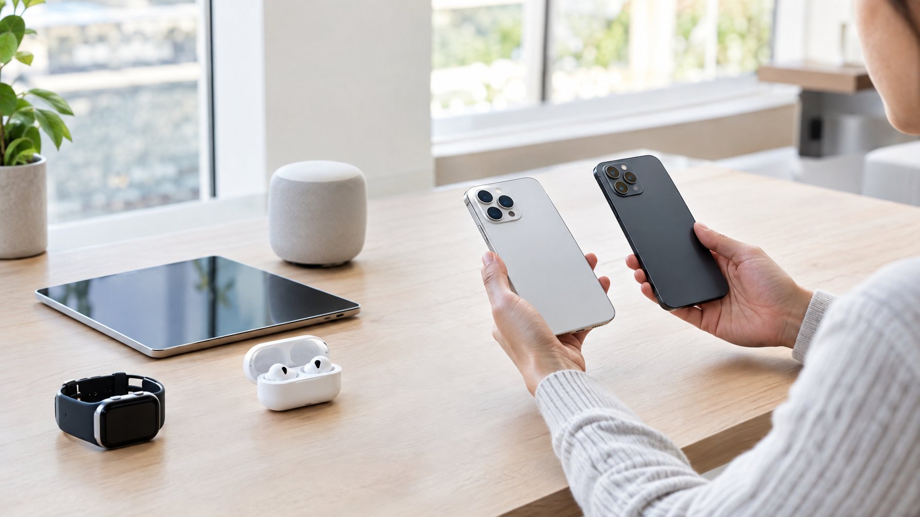 Seseorang membandingkan ponsel pintar dengan beberapa gadget modern di atas meja.