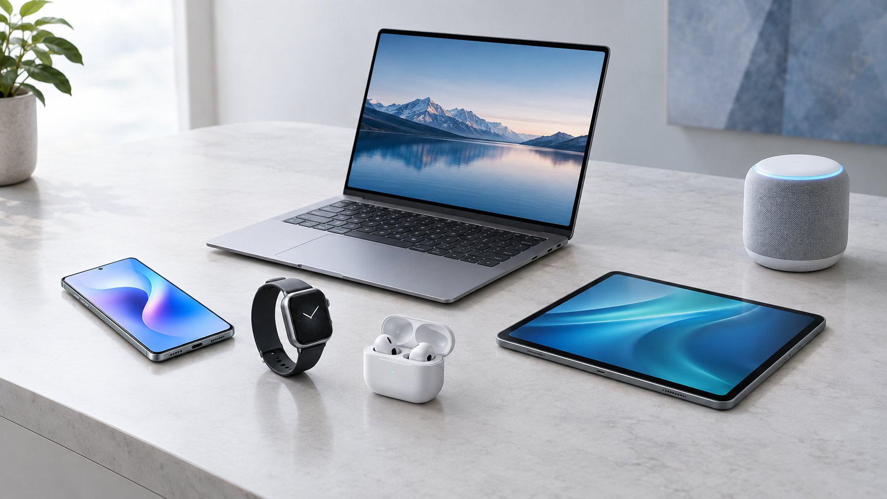 Berbagai gadget modern, termasuk ponsel, laptop, jam tangan pintar, tablet, dan earbud, tersusun di atas meja.