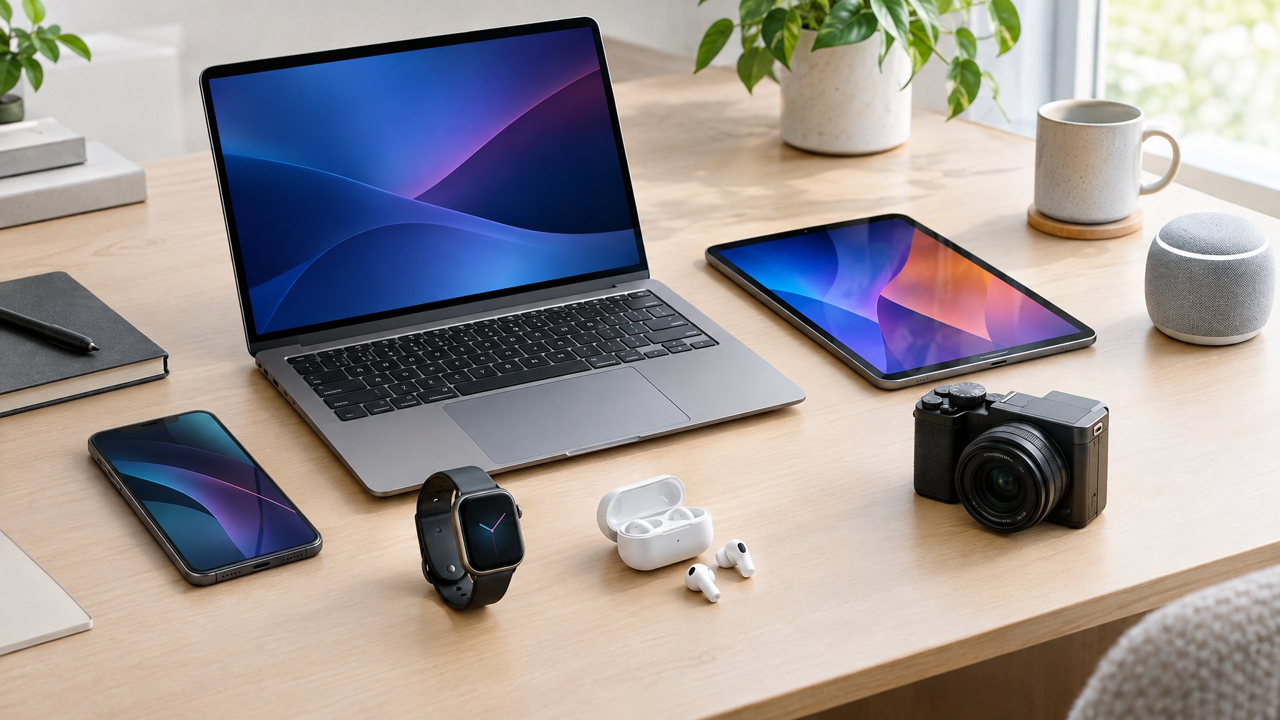 Berbagai gadget modern tertata di atas meja, termasuk ponsel, jam tangan pintar, tablet, laptop, dan kamera.
