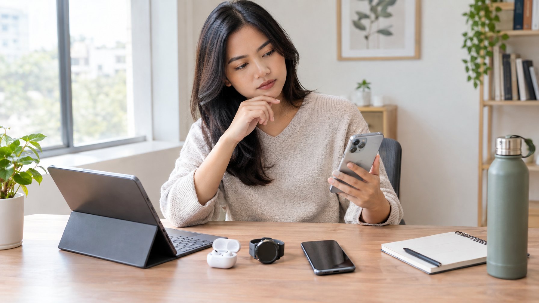 Seseorang mempertimbangkan beberapa gadget di meja kerja rumah.