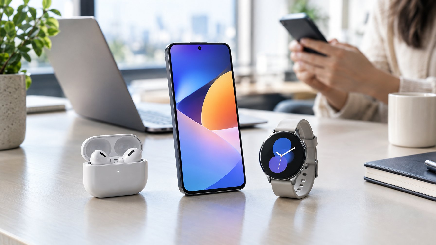 Smartphone, jam tangan pintar, dan wadah earbud tersusun di atas meja kerja.