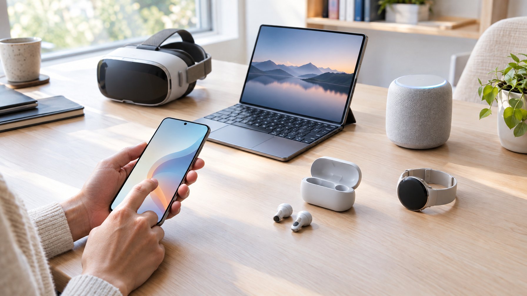 Seseorang menggunakan ponsel di meja kerja bersama beberapa gadget modern.
