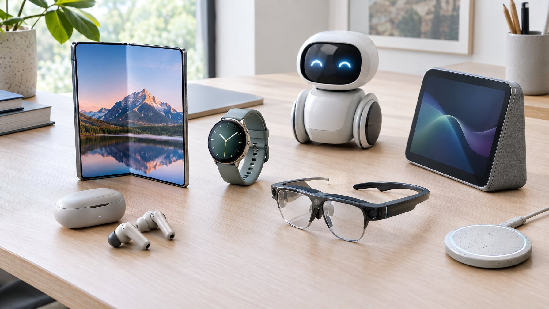 Berbagai gadget modern tersusun di atas meja kerja.