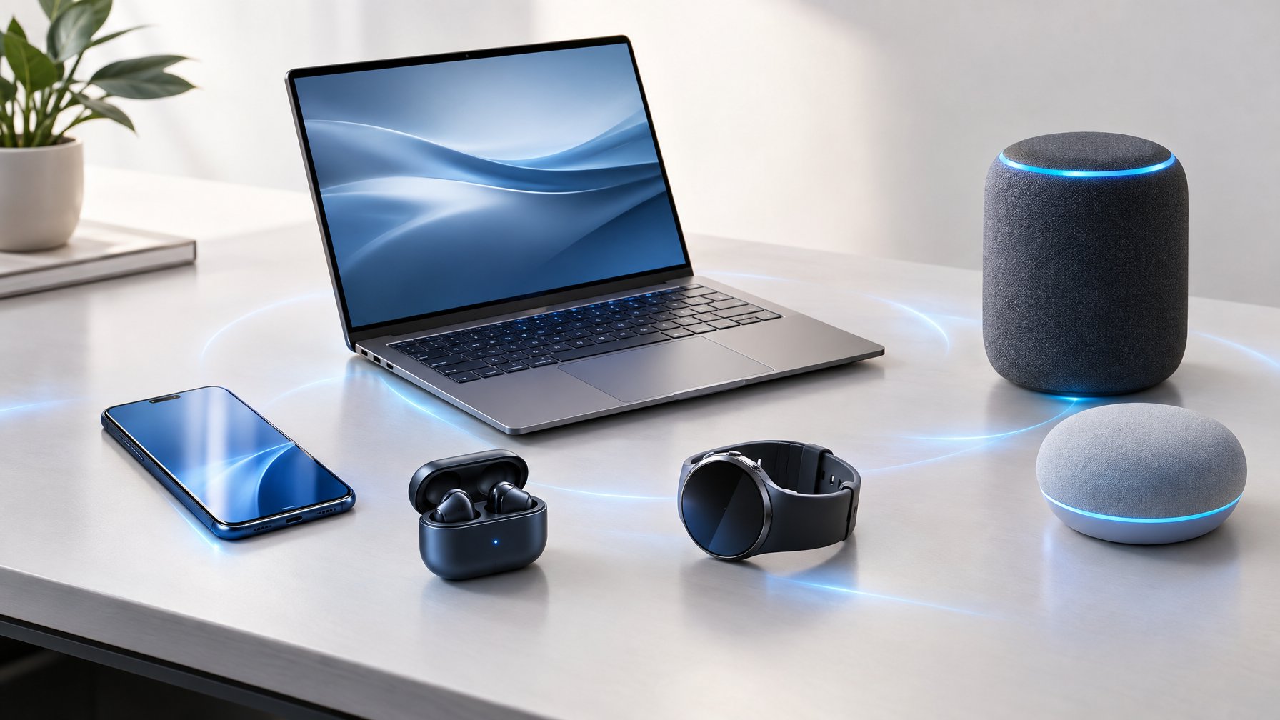 Berbagai gadget pintar tersusun di atas meja, termasuk ponsel, laptop, jam tangan pintar, dan earbud.