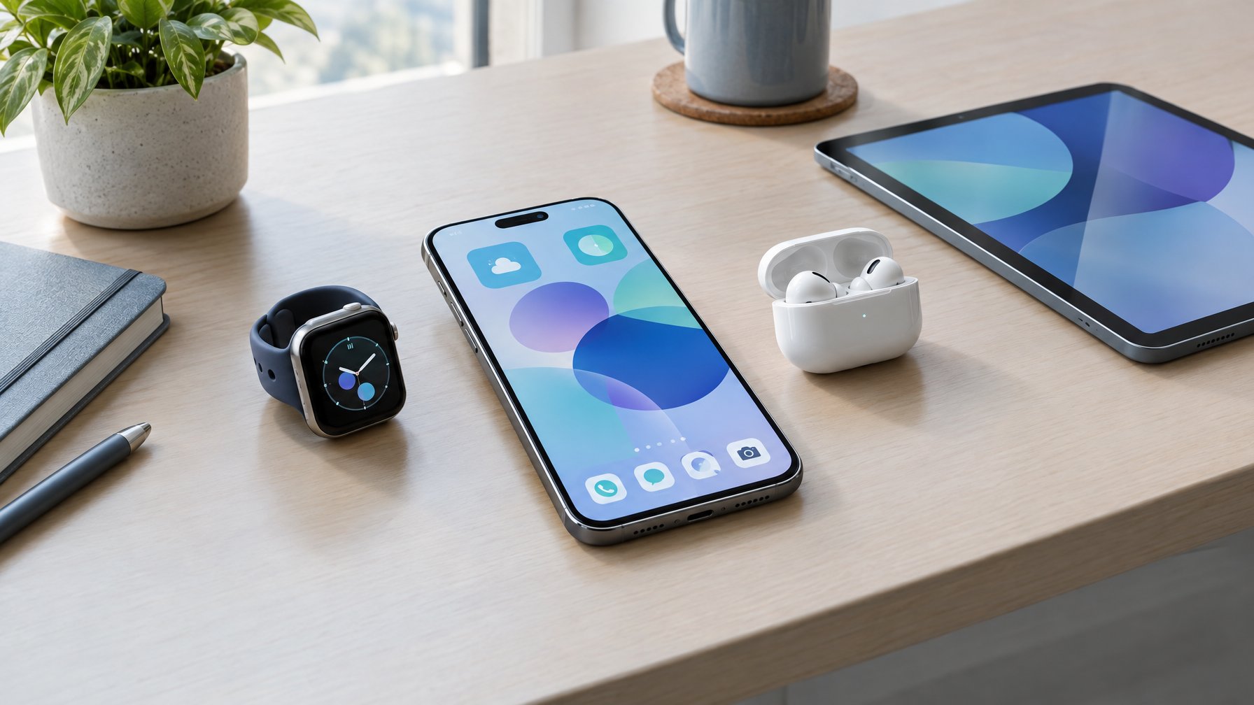 Smartphone, tablet, jam tangan pintar, dan earbud tersusun di atas meja.