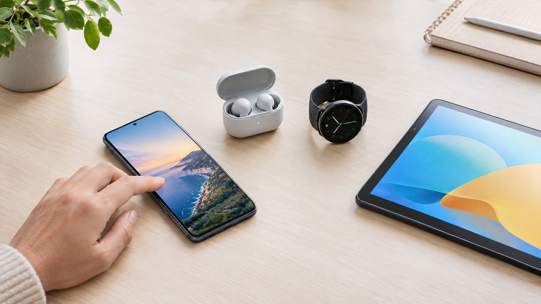 Seseorang menggunakan ponsel di dekat tablet, jam tangan pintar, dan earbud nirkabel.