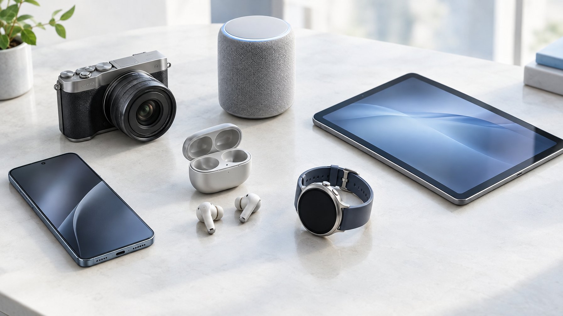 Ponsel pintar, earbud nirkabel, jam tangan pintar, tablet, kamera, dan speaker kecil tertata di atas meja.