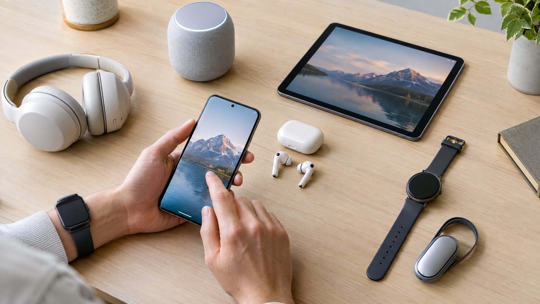 Beragam gadget modern tersusun di atas meja, sementara seseorang menggunakan ponsel.