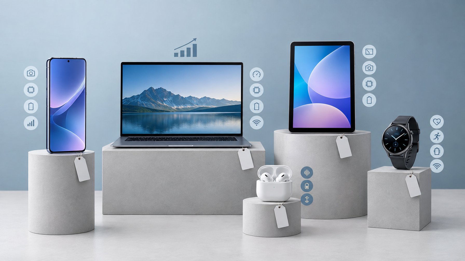 Ponsel, laptop, tablet, earbud nirkabel, dan jam tangan pintar tersusun di atas dudukan.