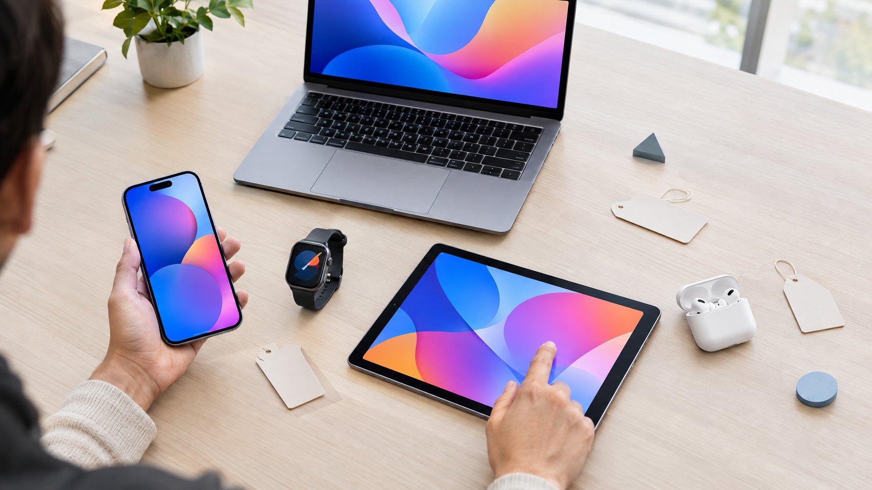 Seseorang membandingkan ponsel, tablet, laptop, jam tangan pintar, dan earbud di atas meja.