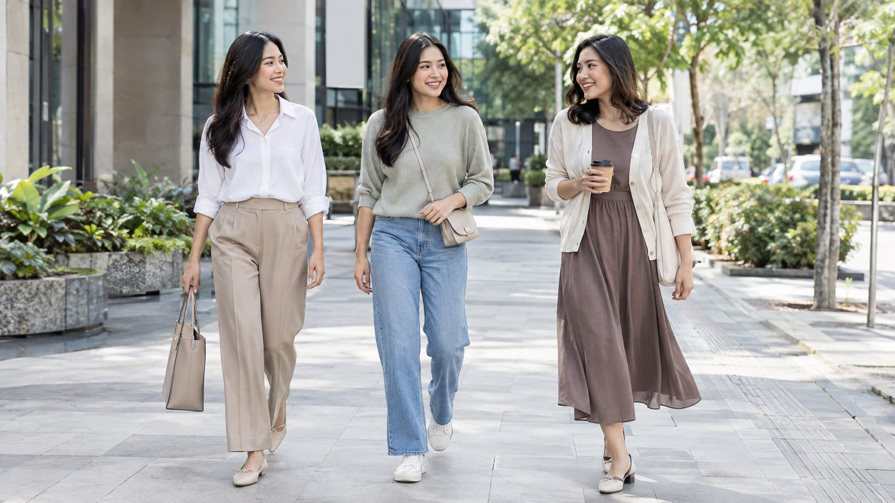 Tiga perempuan berjalan bersama di trotoar kota dengan pakaian berbeda.