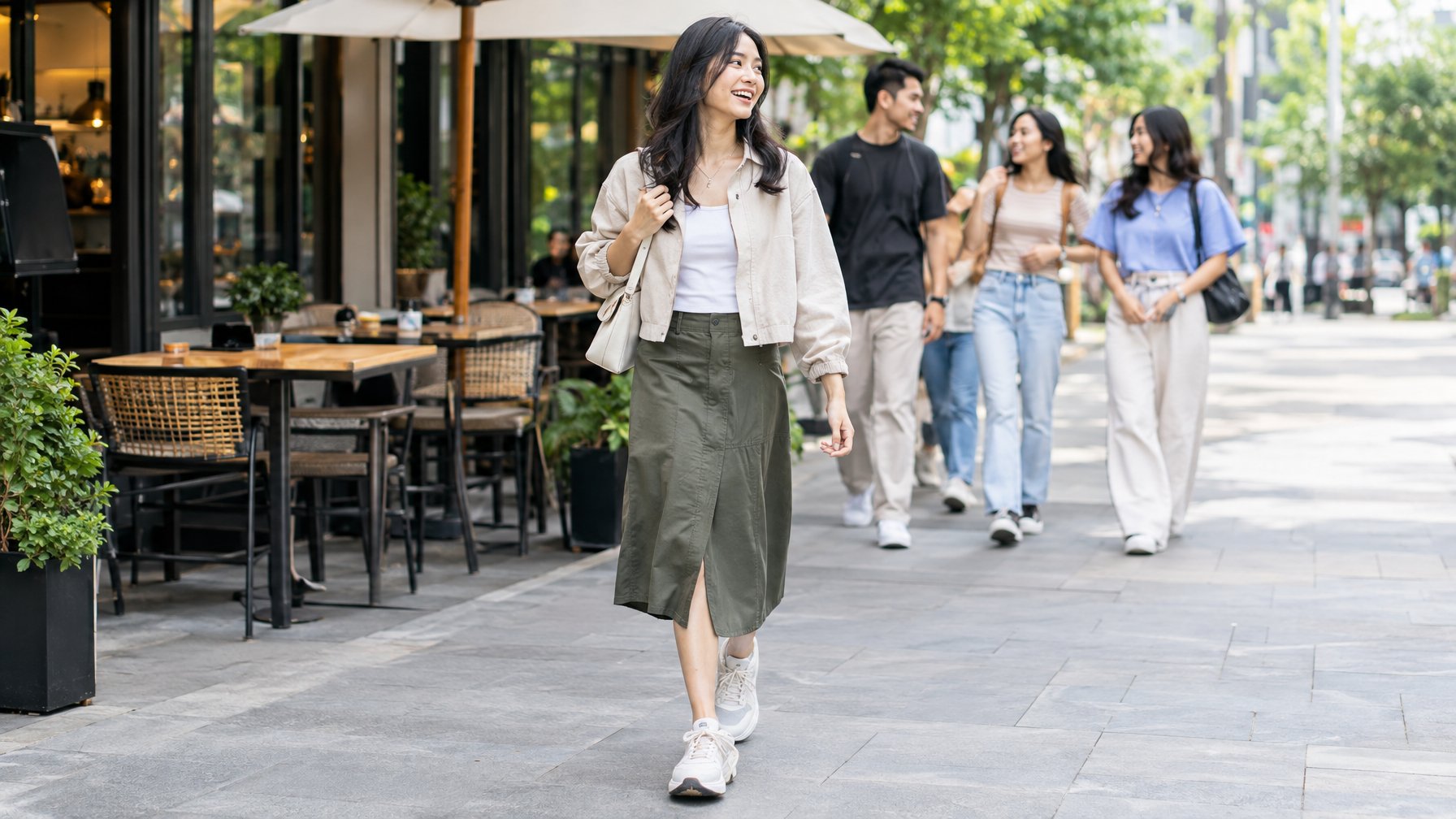 Seorang perempuan berjalan bersama teman-temannya di kawasan kafe.