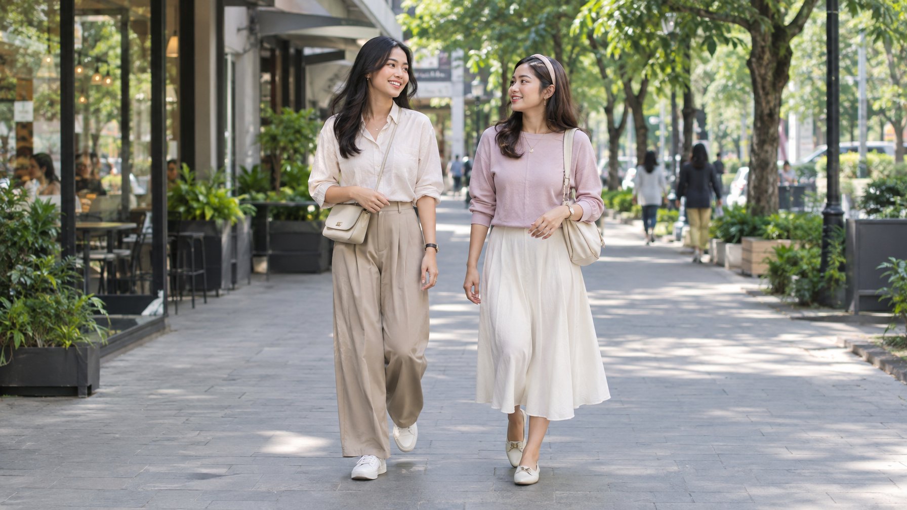 Dua perempuan berjalan bersama di kawasan pertokoan.