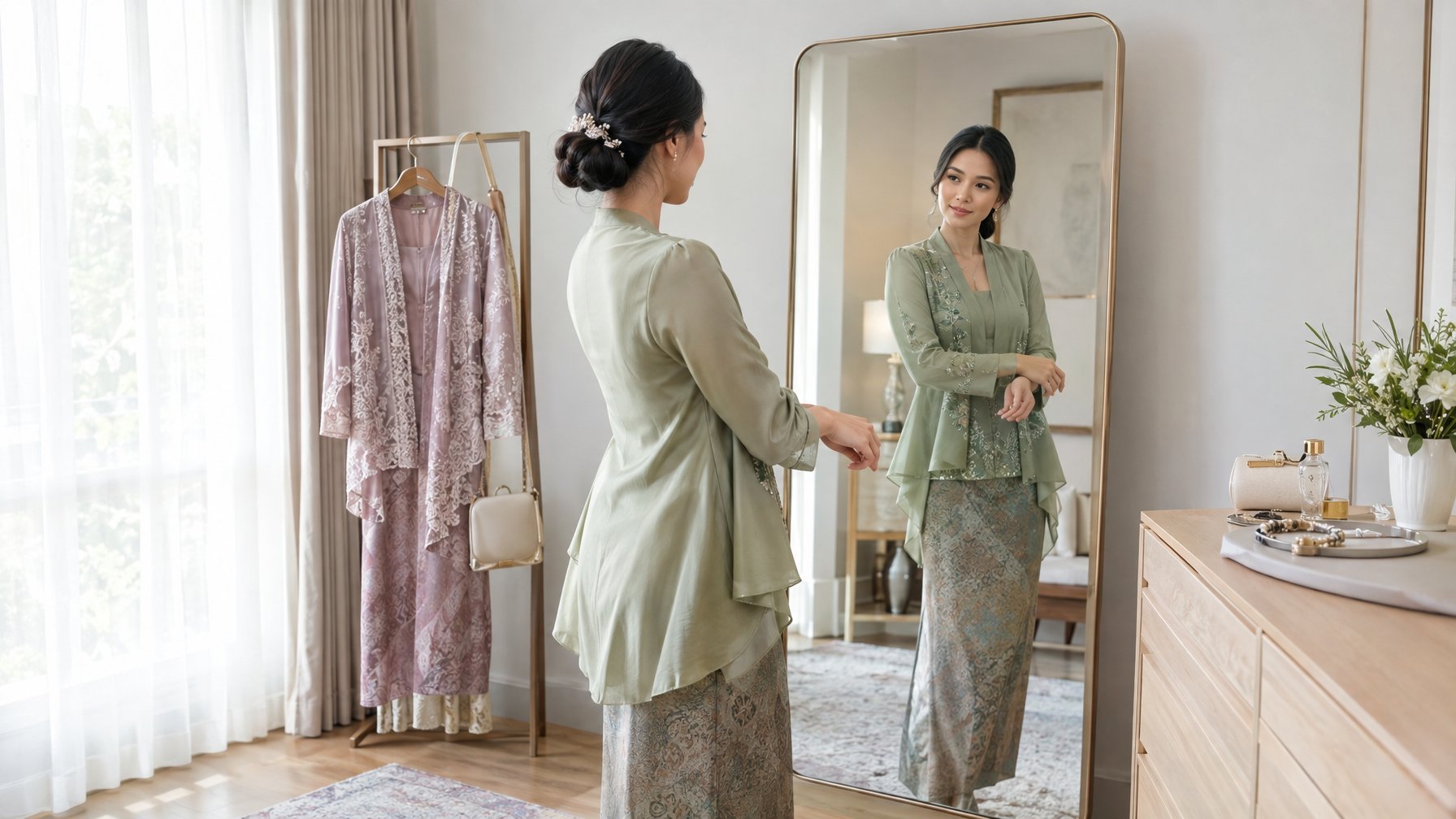 Seorang perempuan berdiri di depan cermin sambil memilih pakaian untuk menghadiri pernikahan.