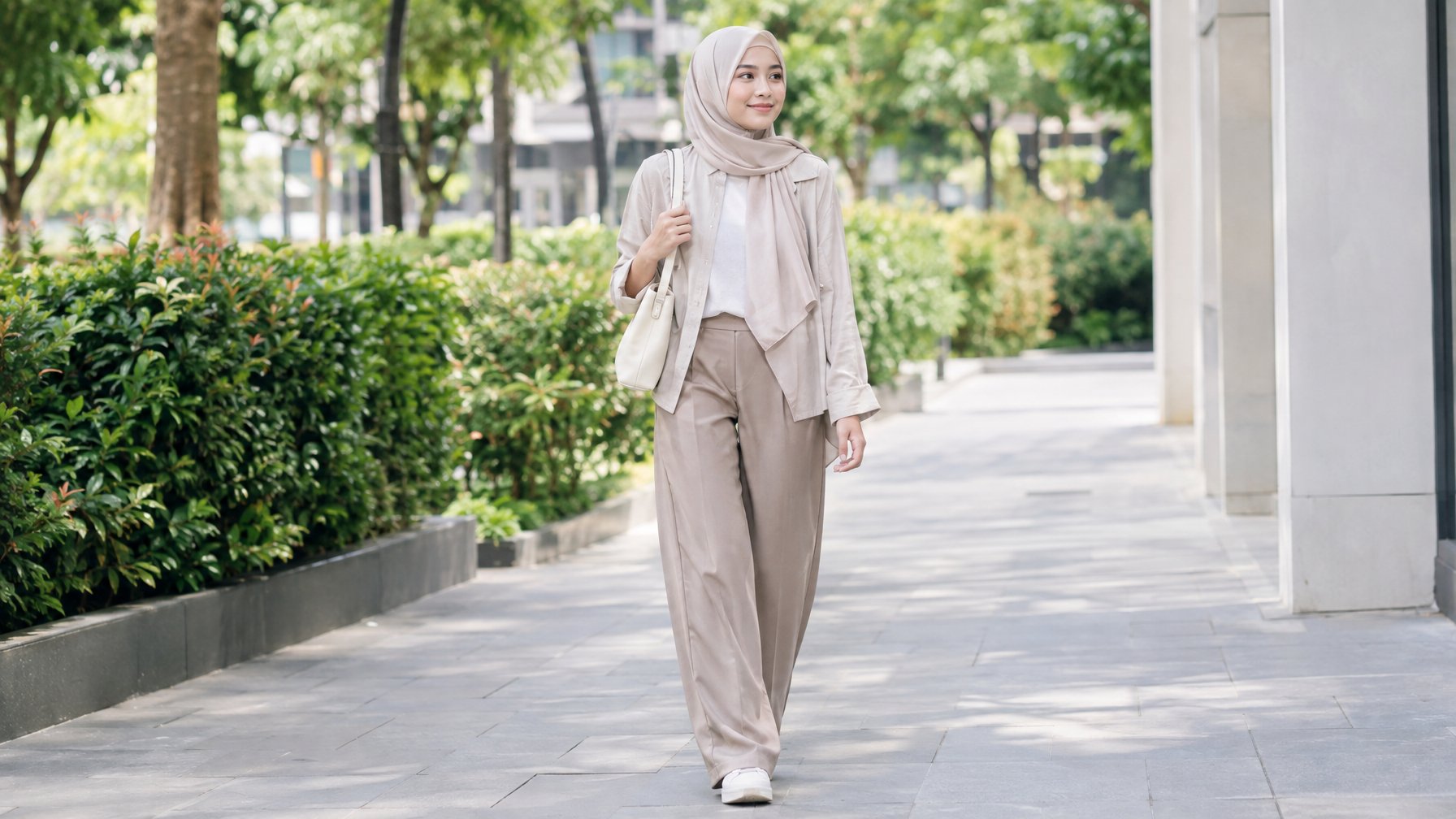 Seorang perempuan berhijab berjalan di jalur pejalan kaki sambil membawa tas.