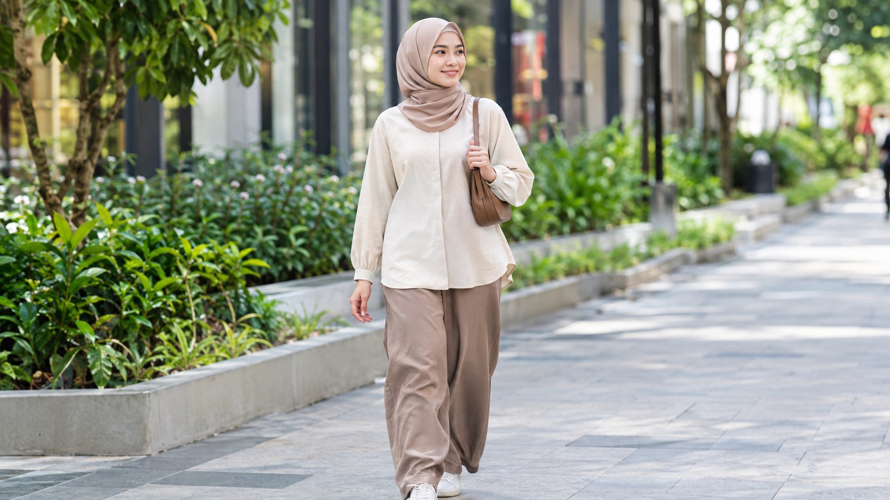 Seorang perempuan berhijab berjalan di area perkotaan.