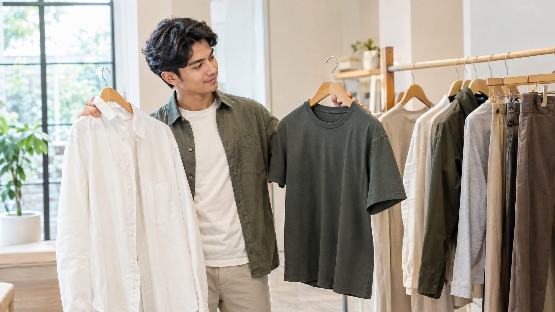 Seorang anak muda memilih pakaian kasual di sebuah butik.