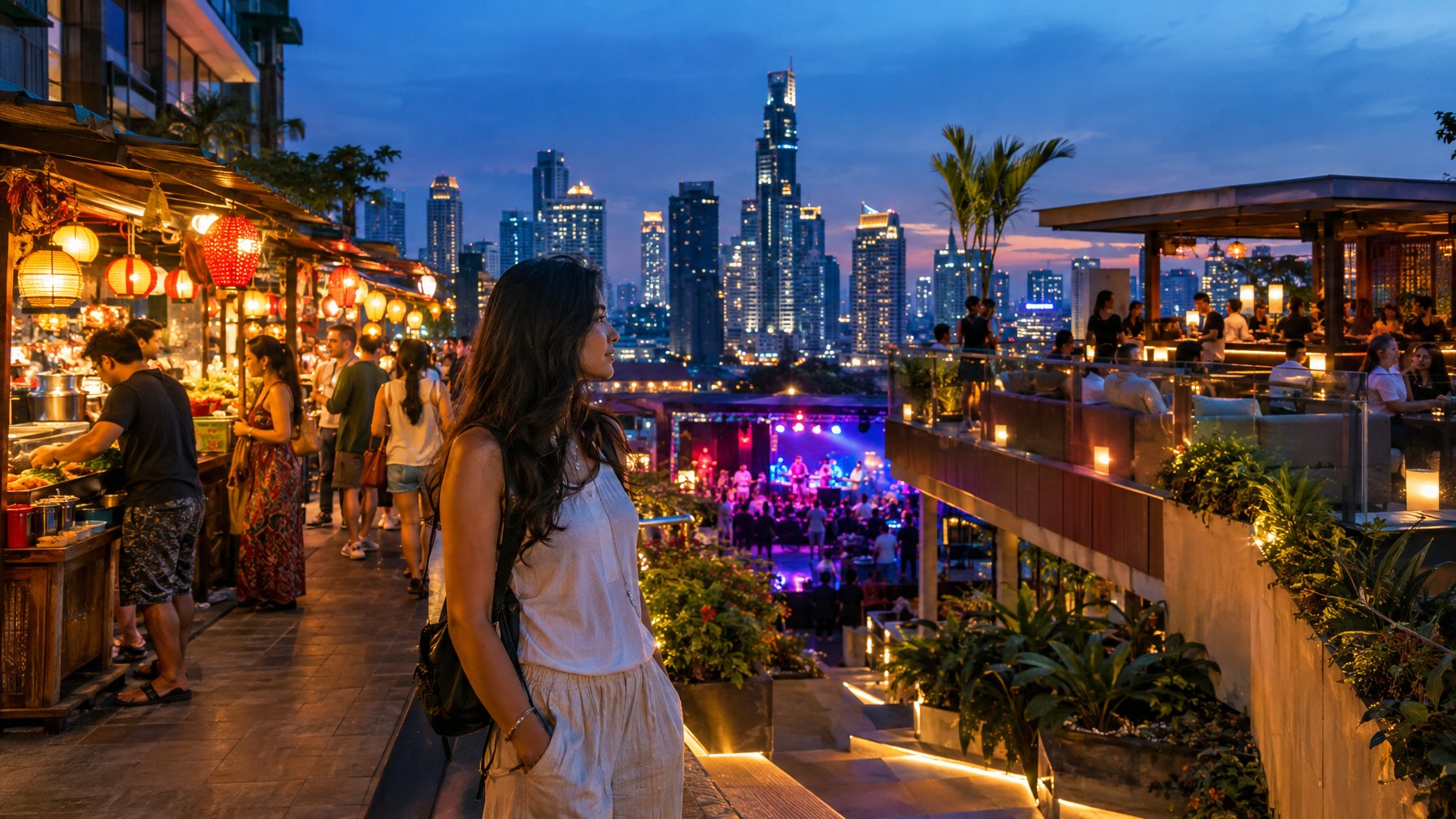 Seorang wisatawan berdiri di antara suasana kuliner jalanan, lounge rooftop, dan tempat musik malam di kota.