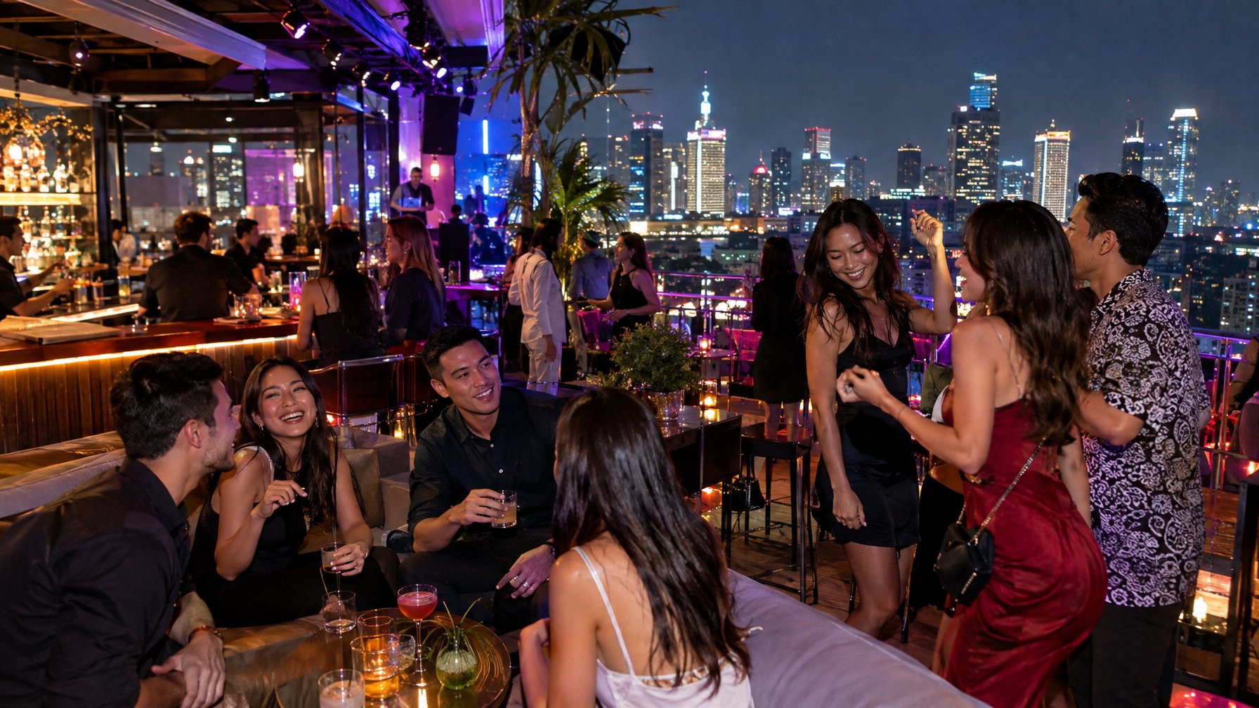 Sekelompok orang menikmati suasana malam di bar rooftop dengan pemandangan kota.