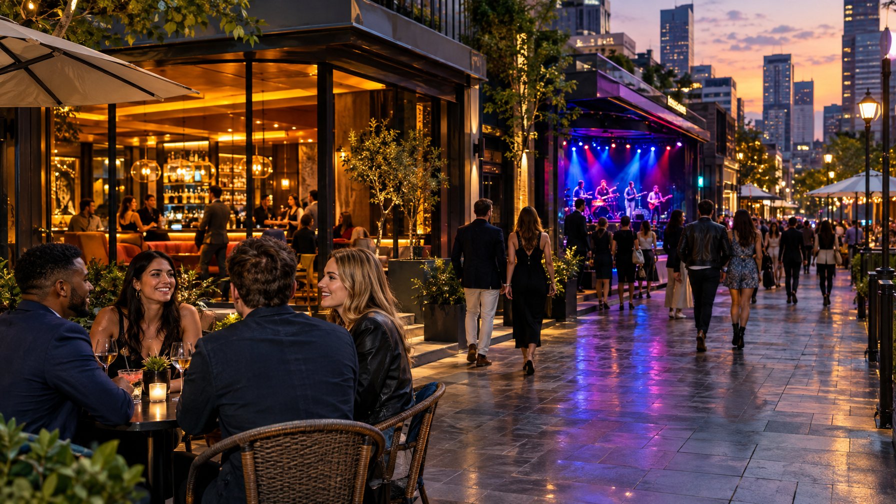 Sekelompok teman menikmati suasana malam di kawasan hiburan dengan lounge, tempat musik, dan kafe.