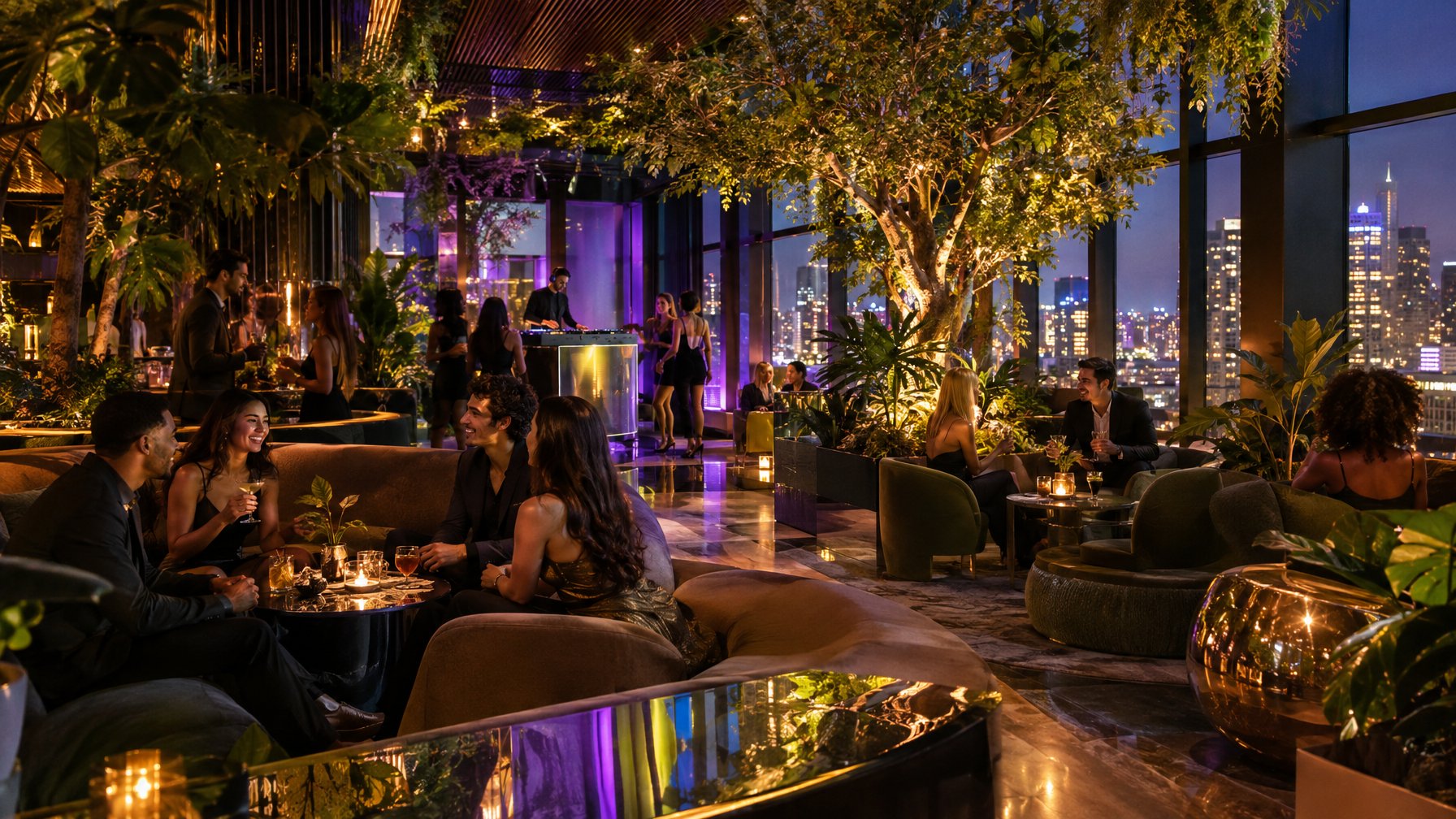 Pengunjung bersantai di lounge malam modern dengan tanaman, DJ, dan pemandangan kota.