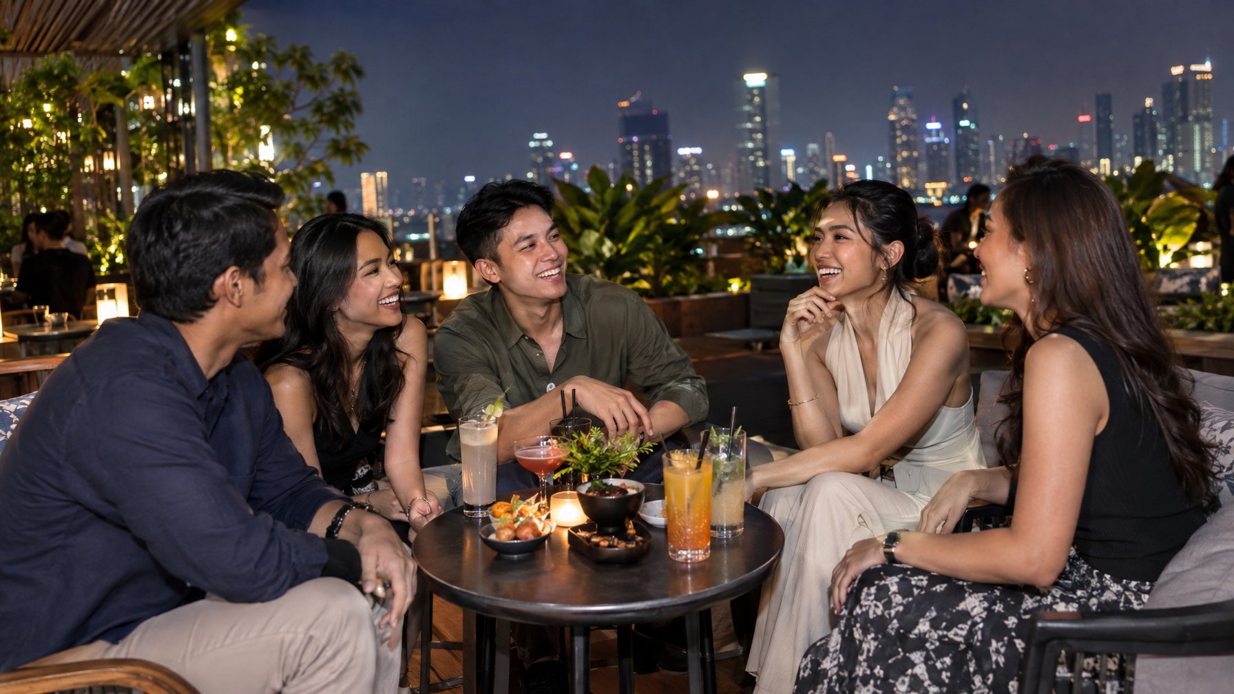 Sekelompok teman berbincang dan tertawa di meja sebuah lounge rooftop pada malam hari.