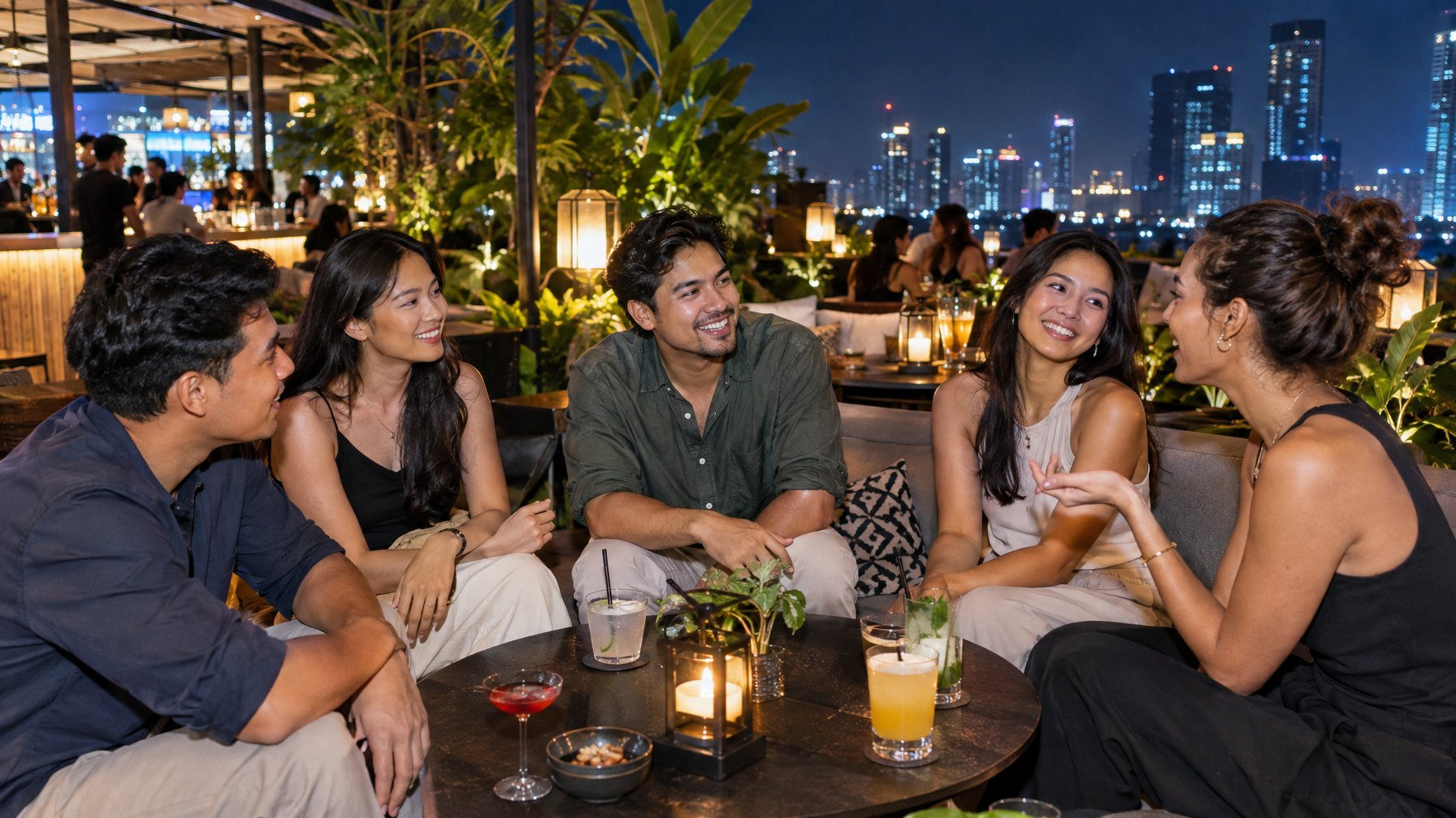 Sekelompok teman berbincang bersama di lounge rooftop pada malam hari.