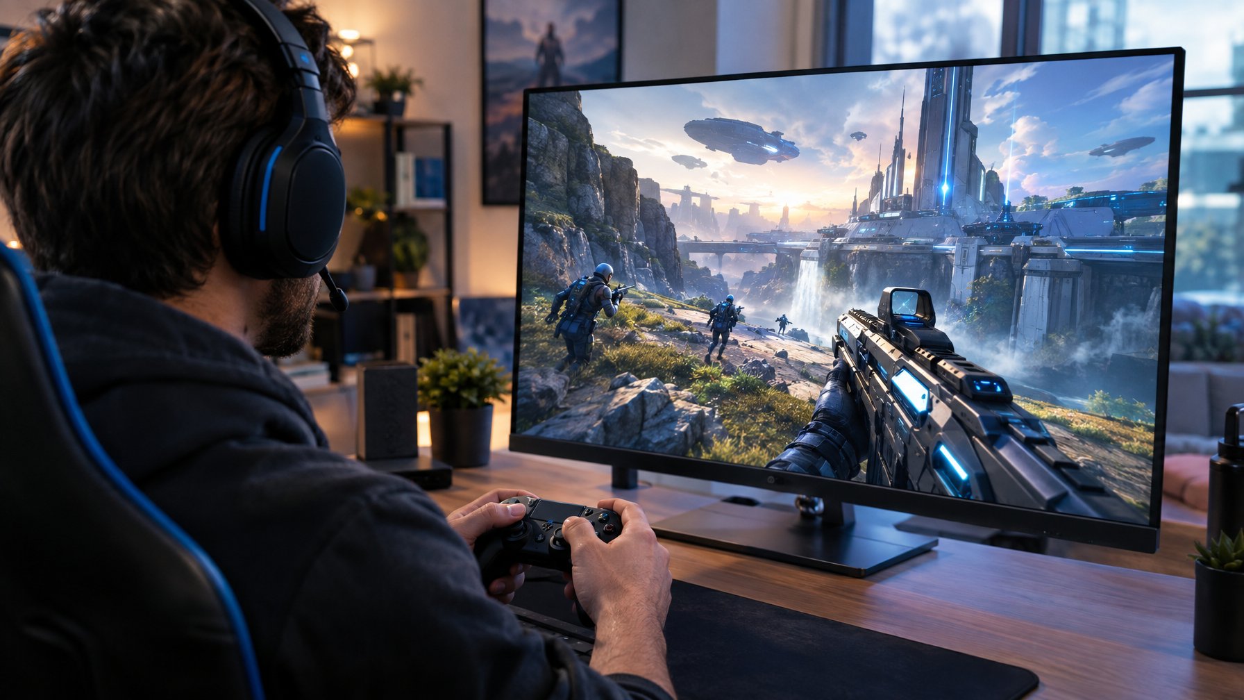 Seorang pemain mengenakan headset dan memegang pengontrol sambil bermain gim tembak-tembakan di depan monitor.