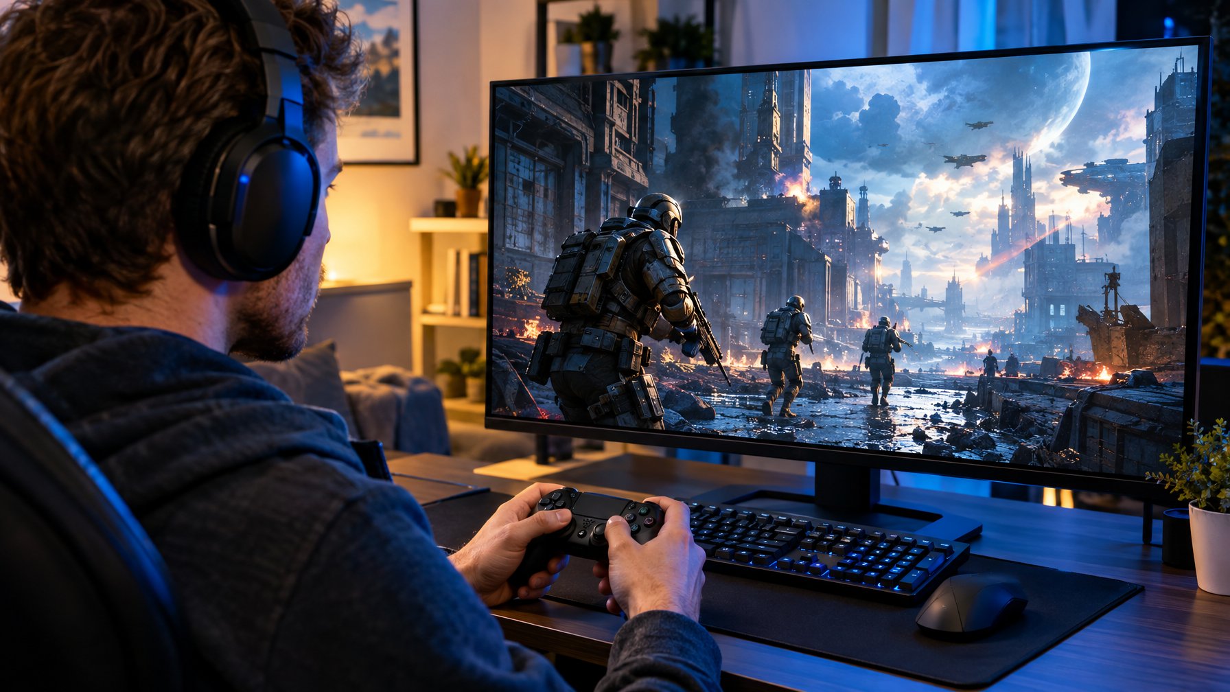 Seorang pemain menggunakan headset dan controller di depan monitor yang menampilkan adegan permainan tembak-tembakan futuristik.