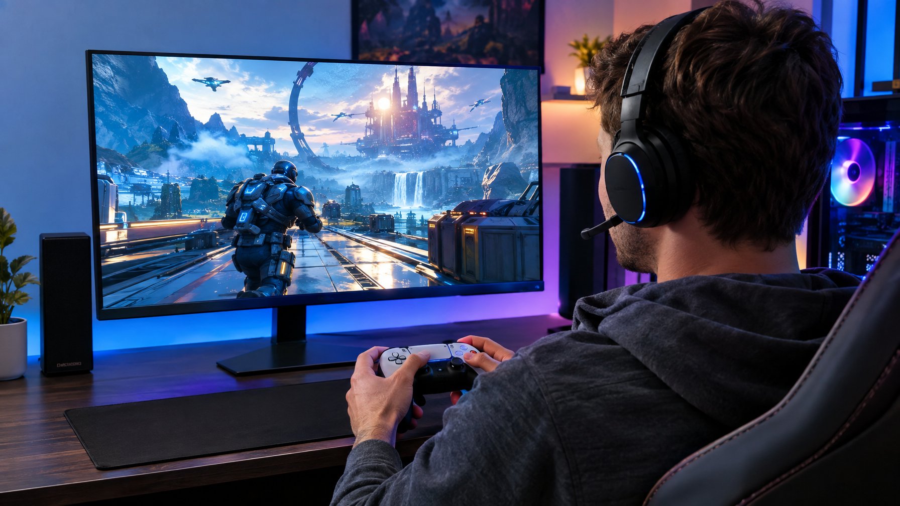 Seorang pemain memakai headset dan bermain gim tembak-menembak futuristik di depan monitor.