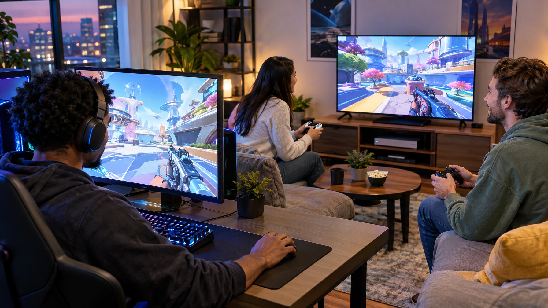 Sekelompok teman bermain game bersama menggunakan PC, konsol, dan pengontrol.