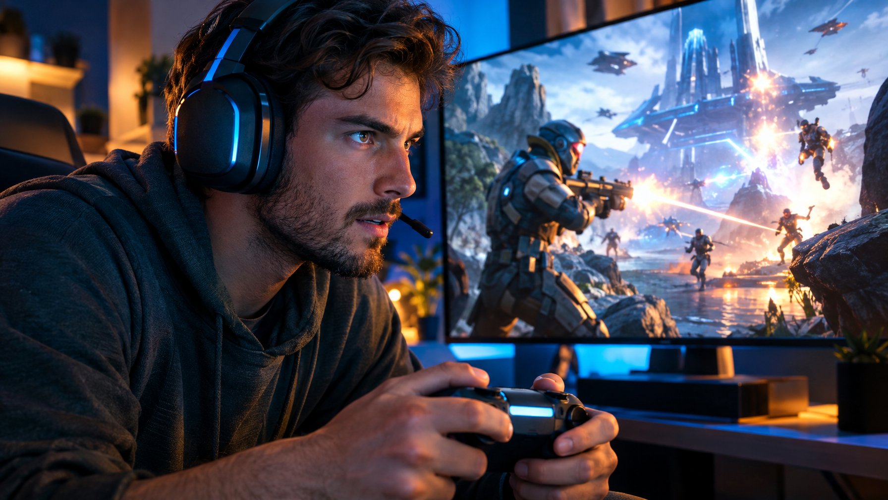 Seorang pemain mengenakan headset dan bermain gim tembak-menembak di depan monitor.