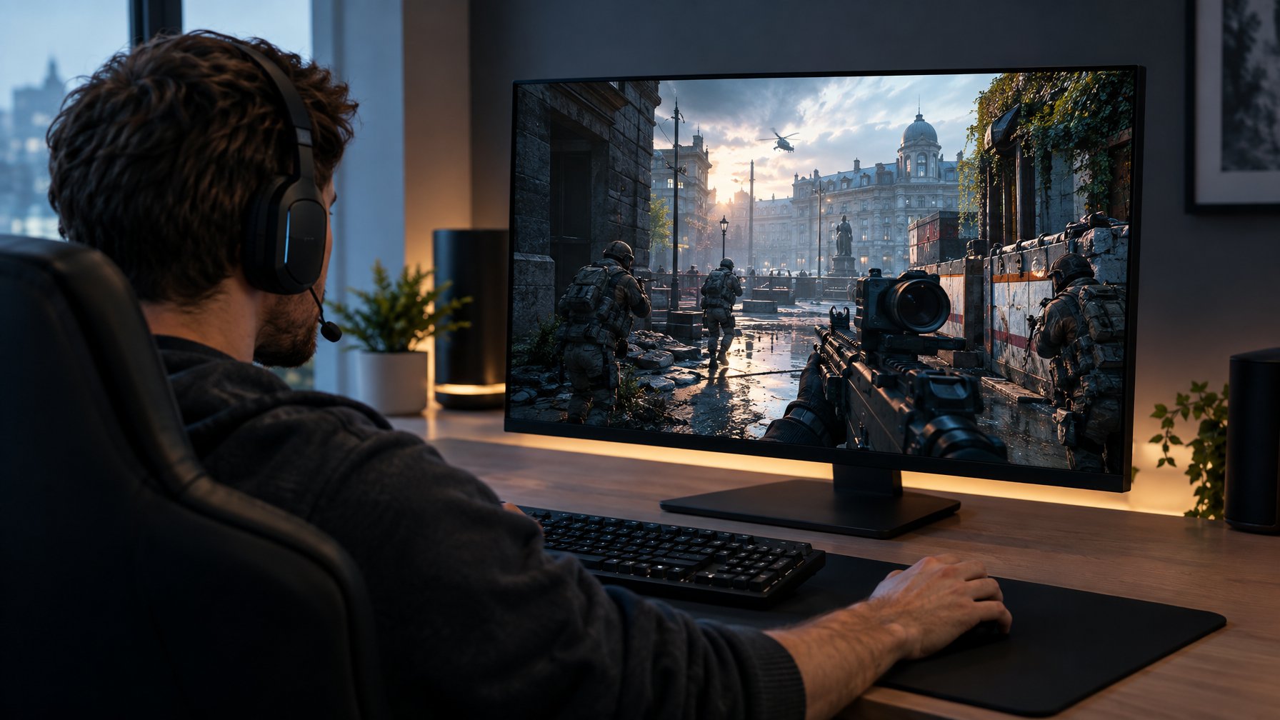 Seorang pemain mengenakan headset bermain game tembak-menembak berlatar kota modern di depan monitor.