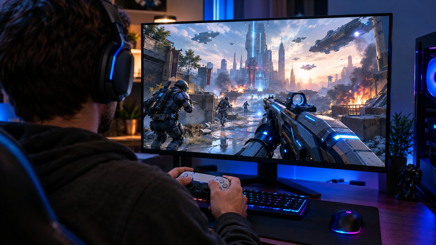 Seorang gamer memainkan permainan tembak-menembak futuristik di depan monitor.