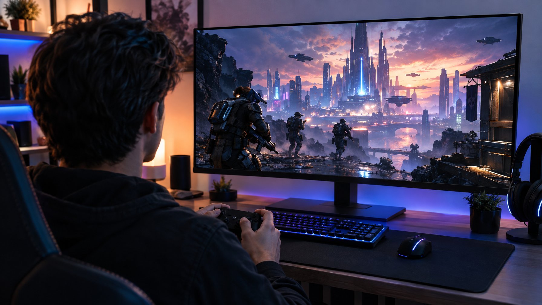 Seorang gamer menatap layar yang menampilkan adegan pertempuran futuristik.