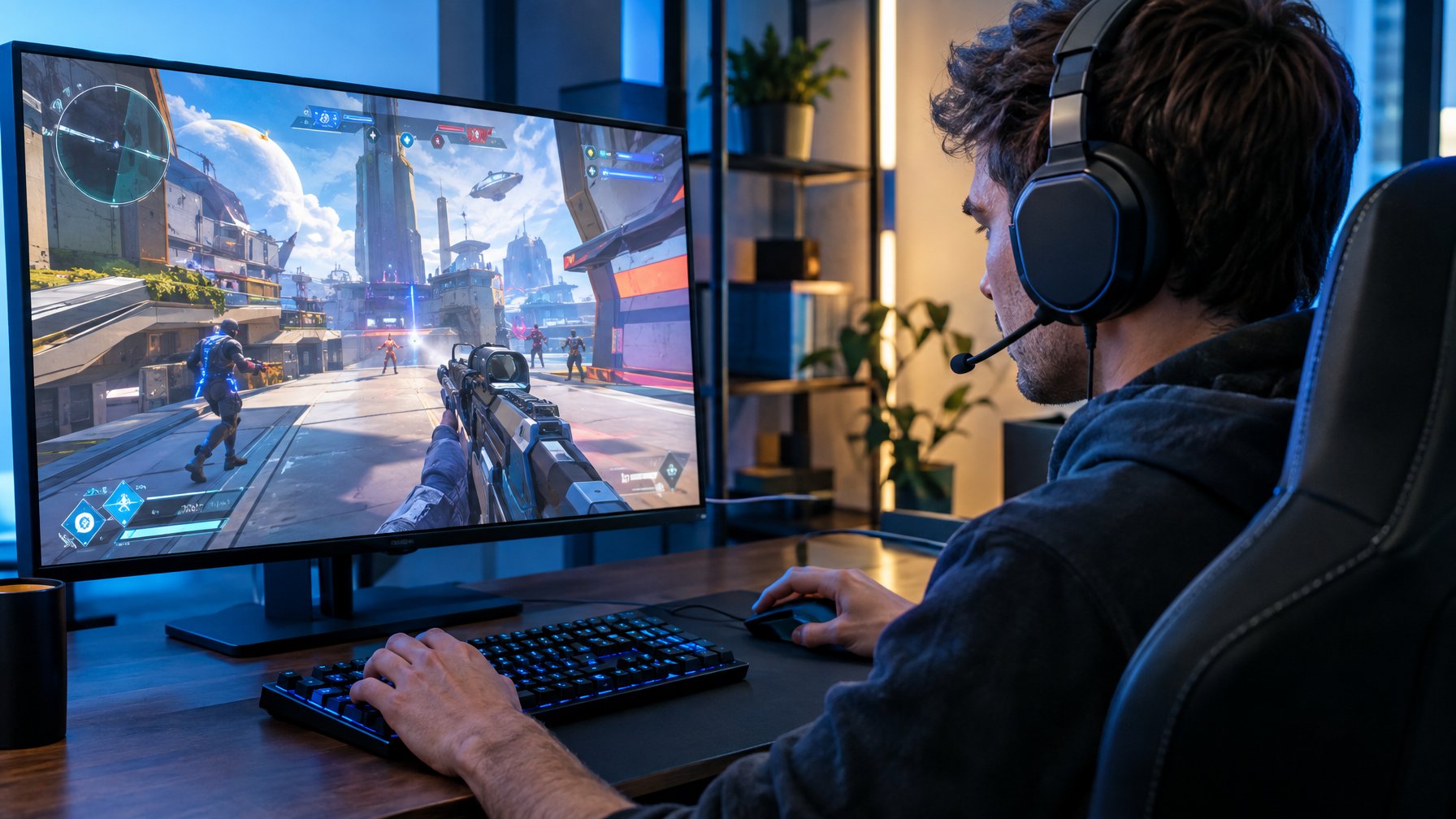 Seorang pemain menggunakan headset dan keyboard untuk bermain game tembak-menembak di depan monitor.