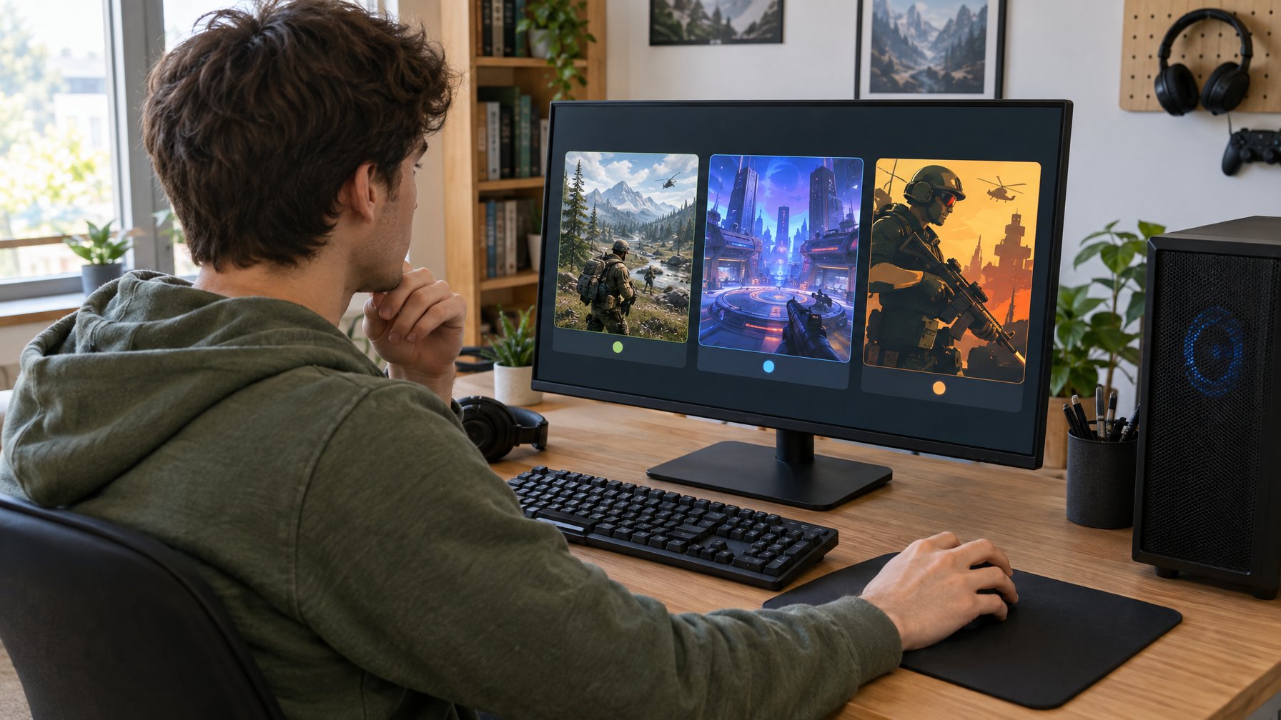 Seseorang memilih game FPS di komputer desktop sederhana.