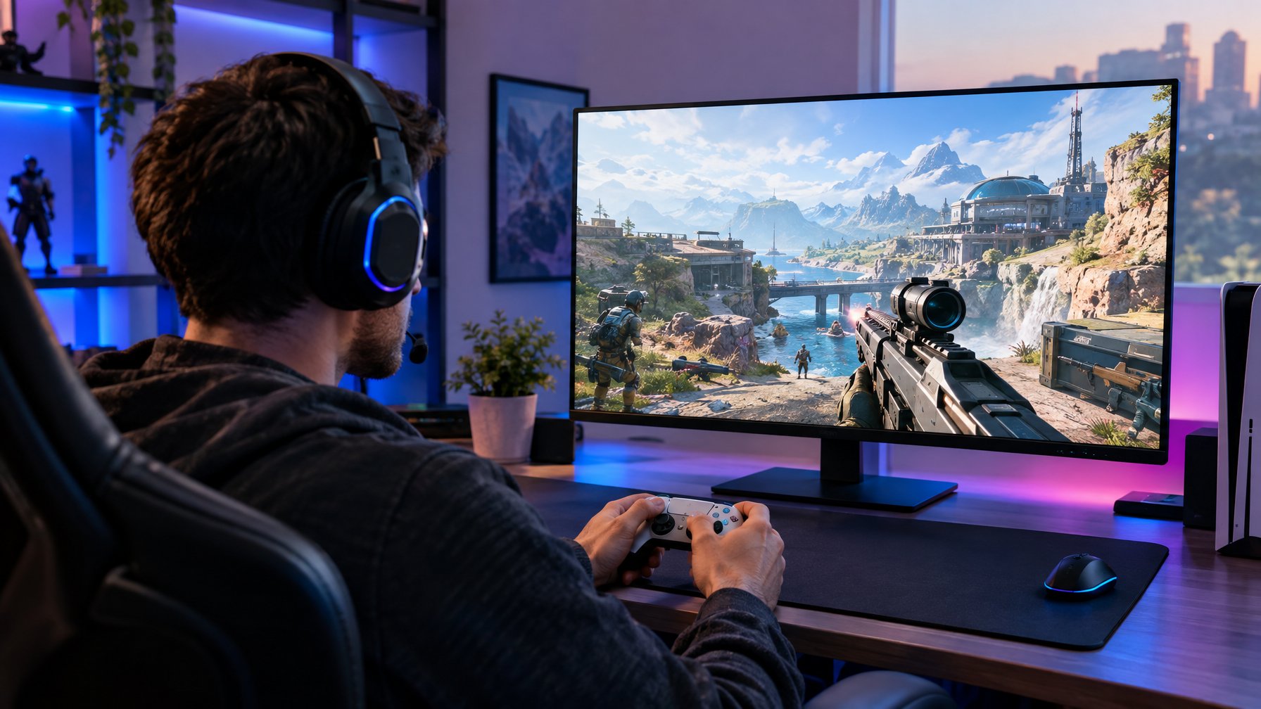 Seorang pemain mengenakan headset dan bermain gim tembak-menembak di depan monitor.