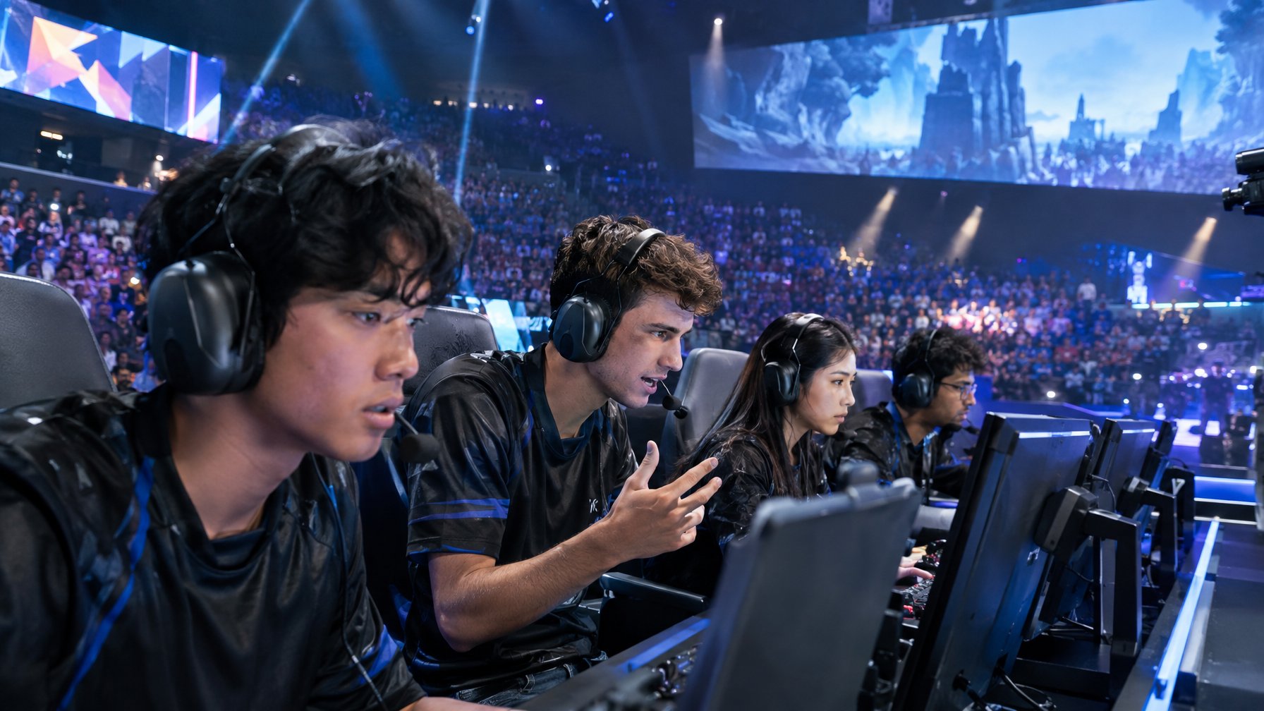 Tim pemain esports bertanding bersama di panggung turnamen di hadapan penonton.