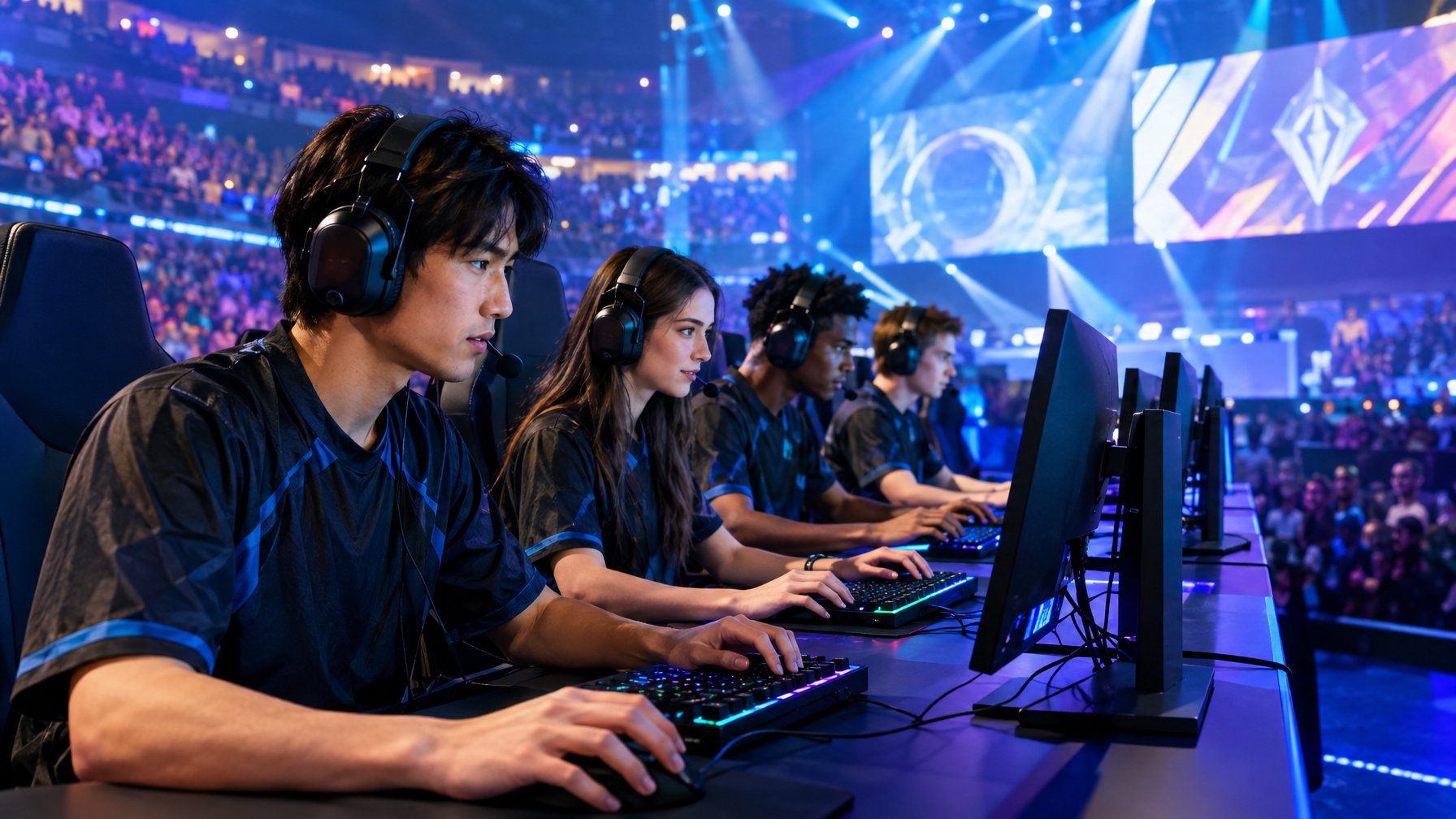 Tim pemain esports bertanding di komputer di atas panggung, dengan penonton memenuhi arena.