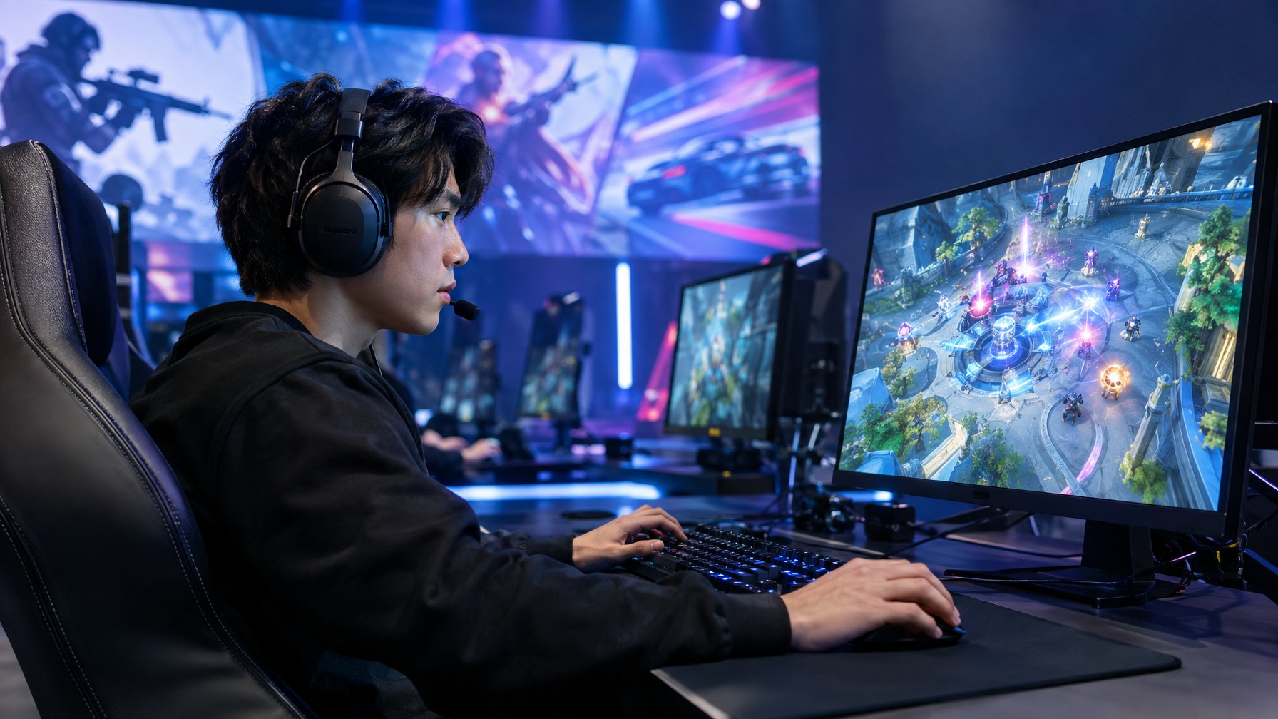 Seorang pemain esports berlatih di depan komputer dengan headset, keyboard, dan mouse.