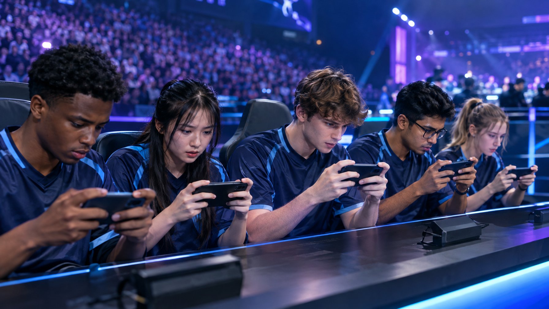 Lima pemain esports berkompetisi bersama menggunakan ponsel di panggung turnamen.
