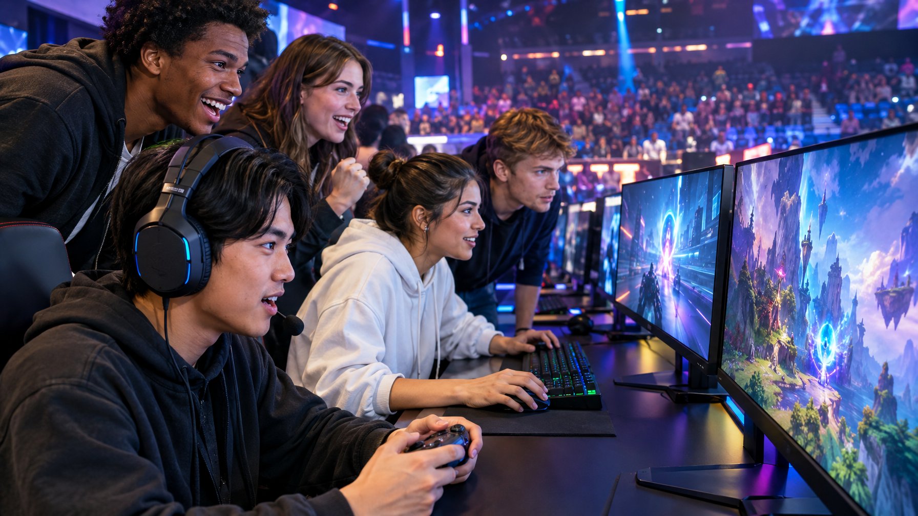 Sekelompok teman bermain gim kompetitif bersama di arena esports.