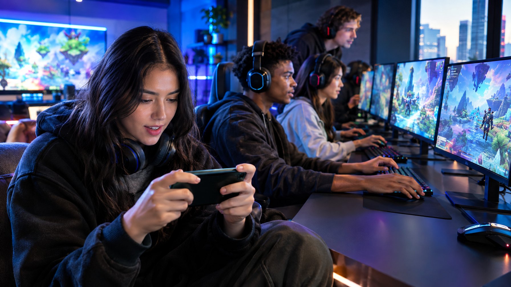 Sekelompok gamer bermain gim kompetitif melalui ponsel dan komputer.