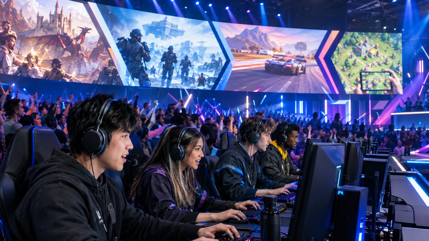 Para pemain esports bertanding di komputer sementara penonton memenuhi arena.
