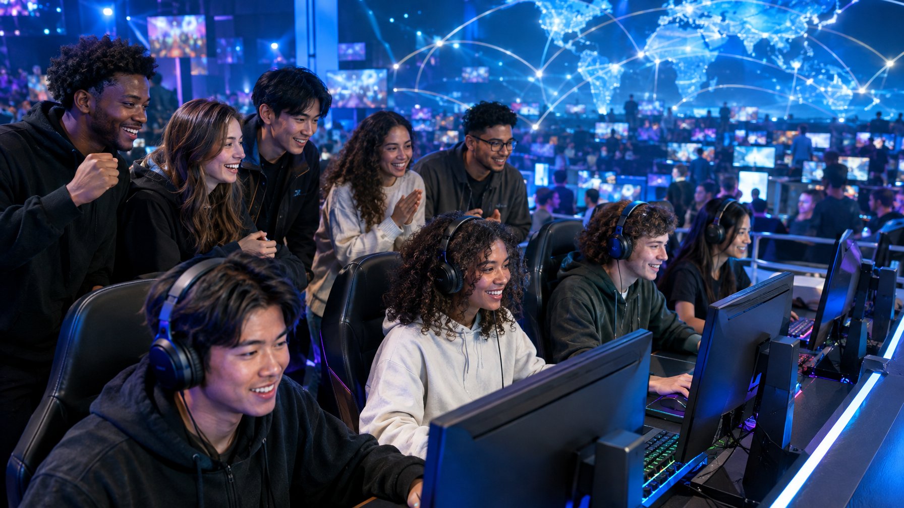 Komunitas pemain esports berkumpul dan bermain bersama di sebuah arena gaming.