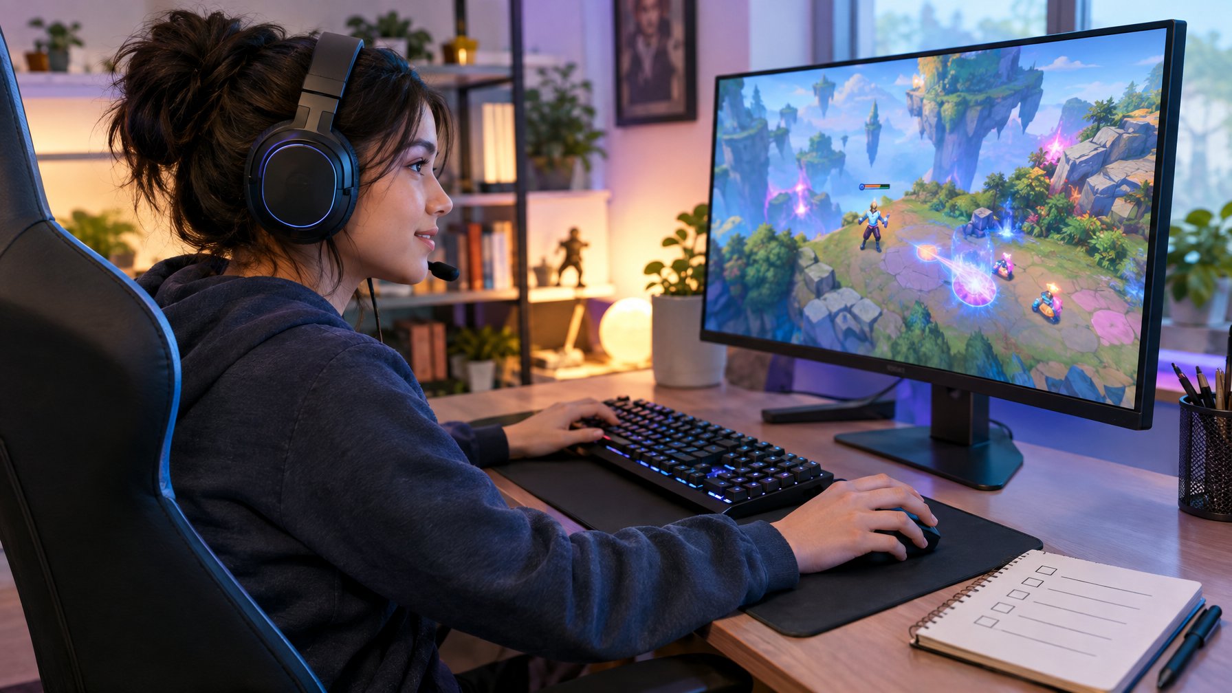 Seorang pemula berlatih game kompetitif di depan komputer dengan headset.