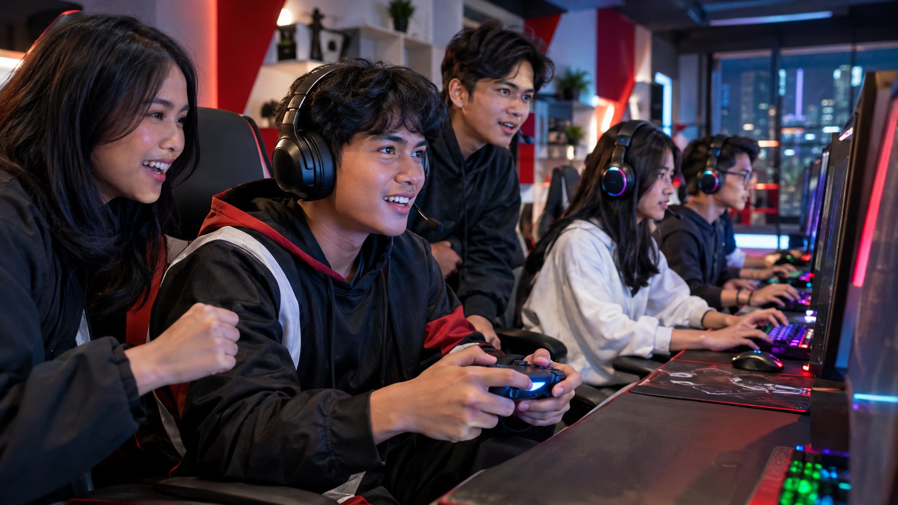 Sekelompok anak muda Indonesia bermain gim bersama di ruang esports.